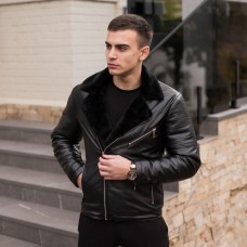Зимняя Мужская кожаная куртка uwest на меховой подкладке черная, Размер 2XL